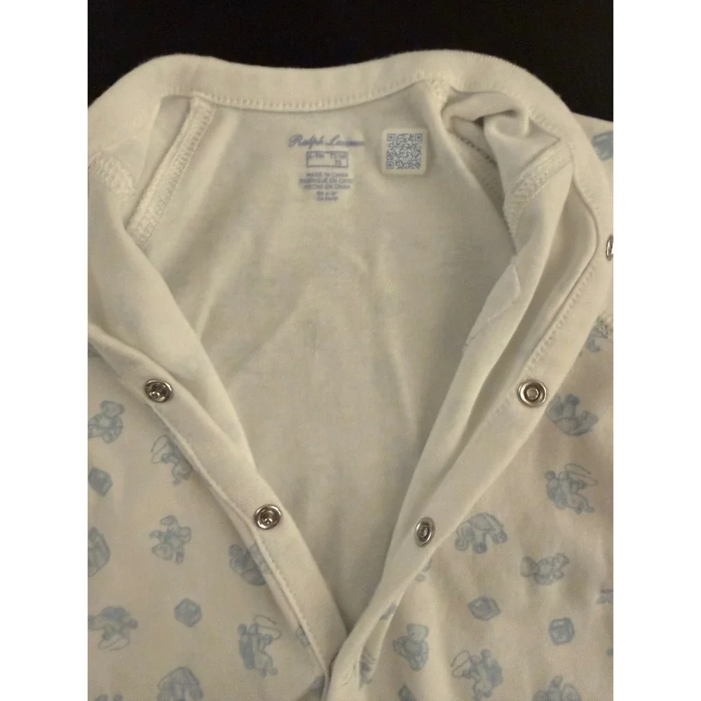 Ralph Lauren Baby Boy Footed Coverall 6-9 Month White/Blue Cotton Infant Nursery